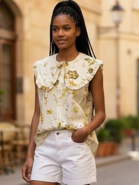 INC International Concepts Cream Floral Button-Down Blouse with Ruffle Collar